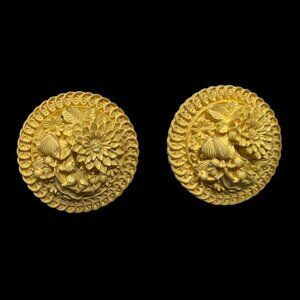 Vintage Celluloid‎ Plastic Clip Earrings Yellow Floral Bouquet Button